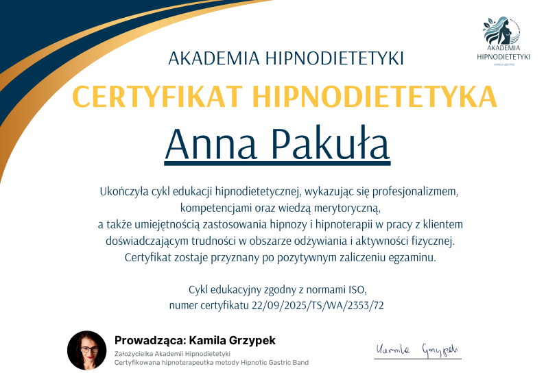 Certyfikat Hipnodietetyka